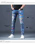 Slim Fit Korean Streetwear Graphical Printed Luxury Hip-Hop Stretch Denim Jeans for Men - Perfect Medium Wash Jeans Outfit